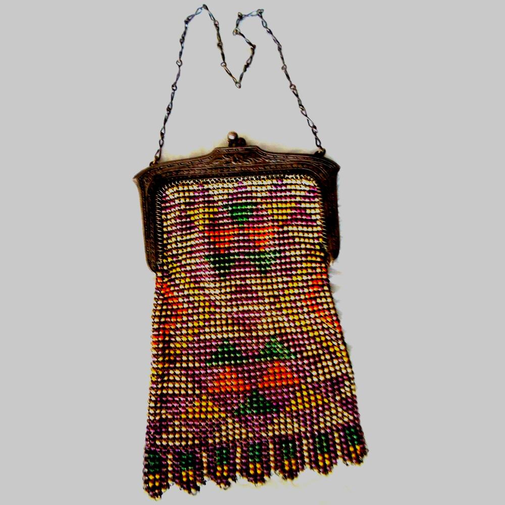 Vtg Whiting Davis Style Mesh Evening Bag Geometric Purple Orange Art Deco Purse